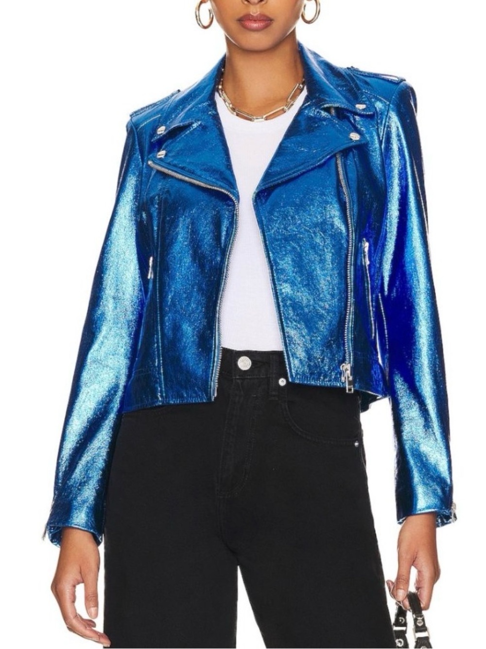 7 For All Mankind Metallic Electric Blue Faux Leather Cropped Moto Biker XS